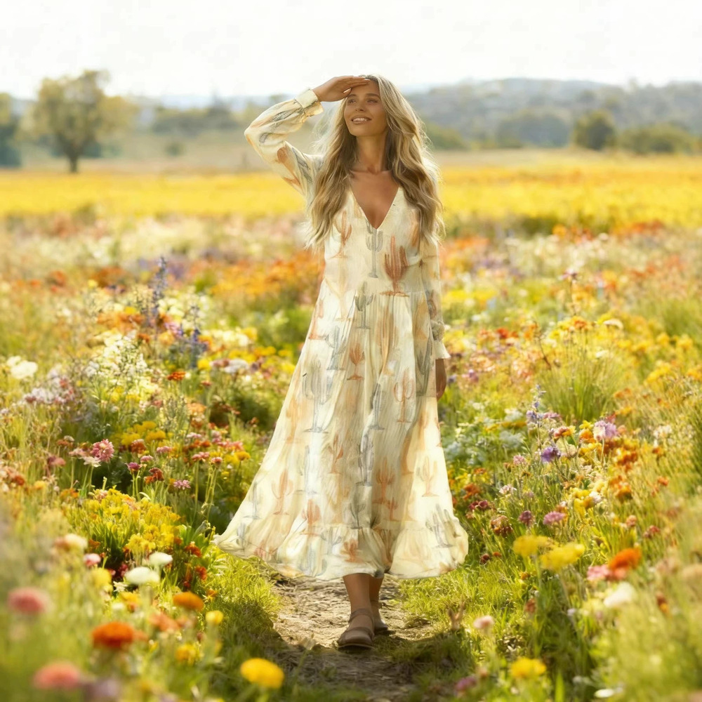 Forever 21 Summer Fresh Flowing Printed Long-Sleeve Maxi Dress